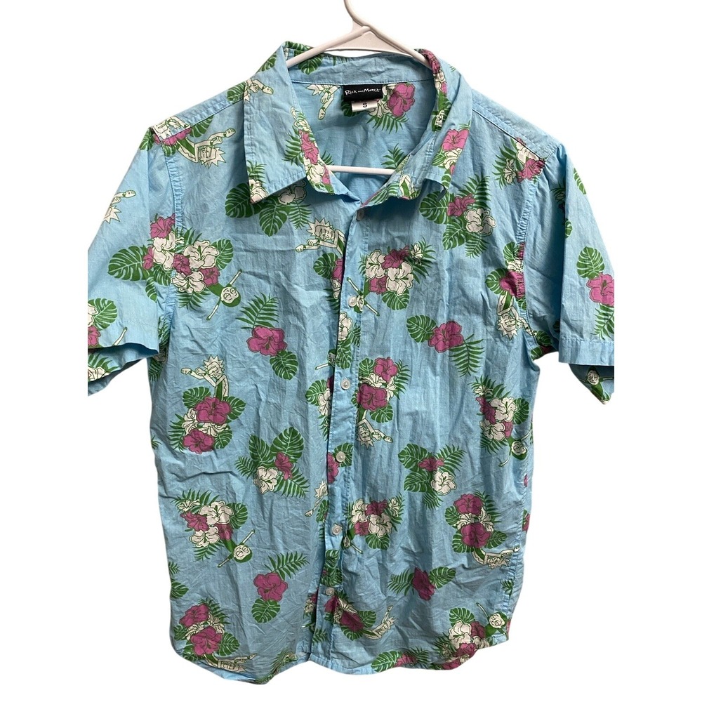 Rick and Morty Mens Small Tropical Hibiscus Floral Button Down Shirt Blue S/S